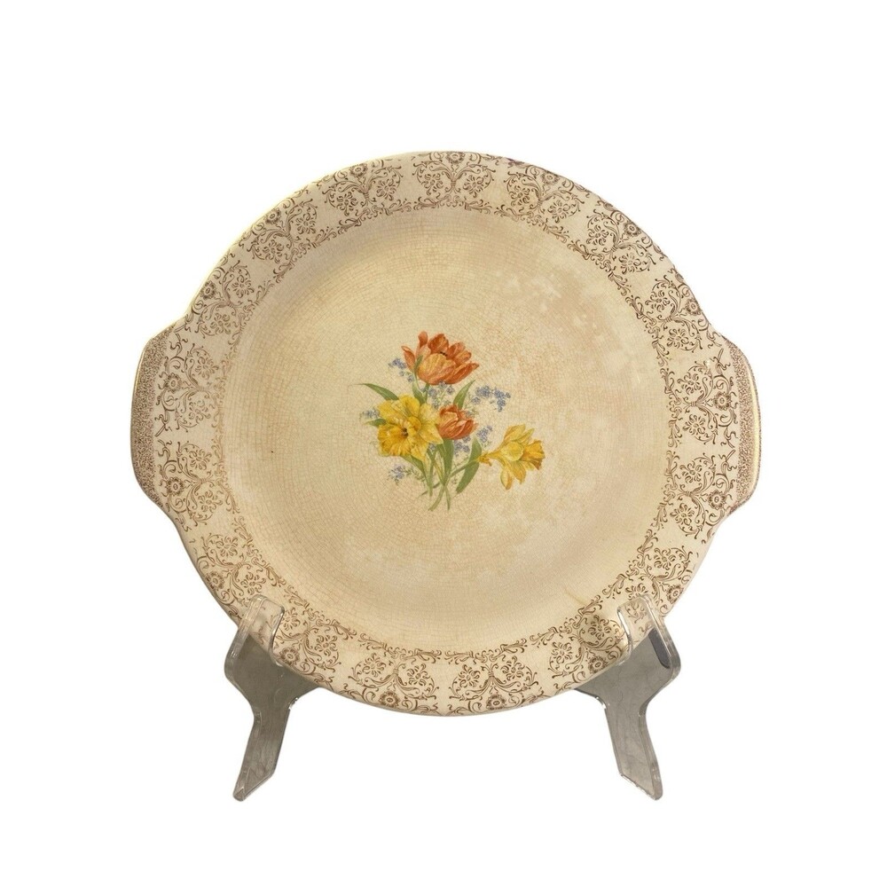Royal Splendor Handled Serving Plate Beige Floral 22kt Gold Filigree 11.25” - Picture 2 of 12